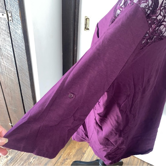 Roaman's Size 2X 26/28 Dark Purple Three Quarter Sleeve Shirt with Lace - Picture 11 of 13
